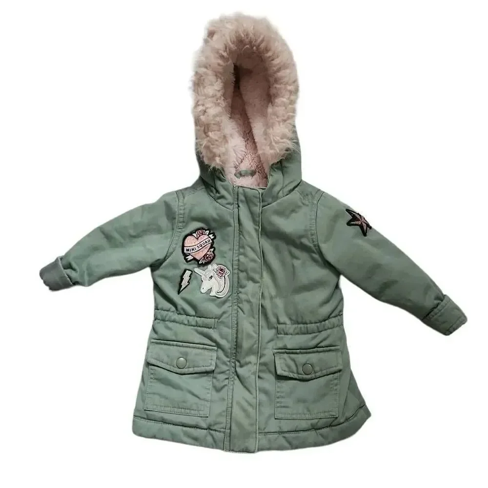 The Children's Place Girls Size 2T Green Pink Faux Fur Lined Unicorn Patch Coat